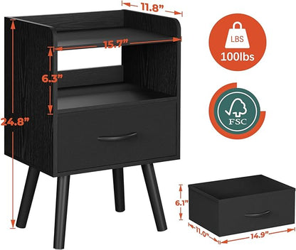 Yoobure Night Stand with Fabric Drawer, Modern Nightstand, Bedside Tables, Mid Century Nightstands with Open Storage Shelf, Wood Bedside Table, Small Night Stands for Bedrooms, 2-Tier Night Table