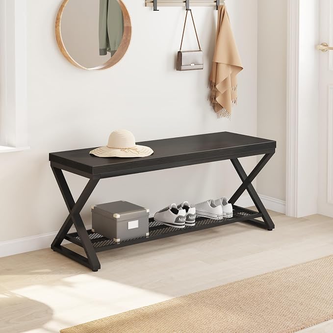 LVB Black Entryway Bench with Storage, Indoor Shoe Bench with Seating for Hallway, Accent Storage Bench for Living Room Bedroom, Simple Small Shoe Rack Benchs for Foyer Entrance, Black Oak, 39 inch