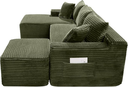 95-Inch U-Shaped Left Facing Corner Compressed Sofa Modular Sectional Boneless Cloud Sofa Floor Foam Couch W/Chaise Lounge & Ottoman, Corduroy Corner Boneless Cloud Couch