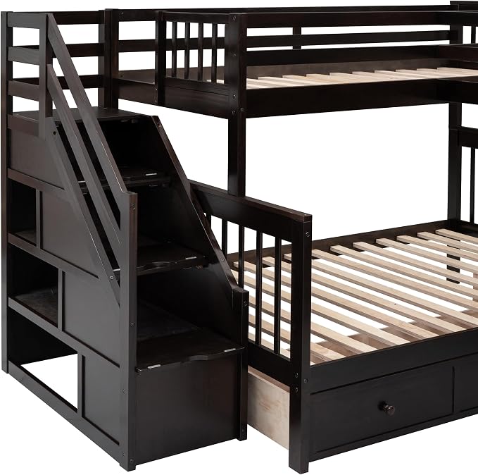 L-Shaped Bunk Bed for 4 Kids, Twin-Twin Over Full with 3 Drawers, Portable Desk and Wardrobe, Solid Wood Bedframe with Stairs and Full-Length Guardrails, No Box Spring Needed (Espresso)