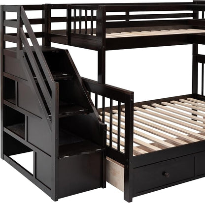 L-Shaped Bunk Bed for 4 Kids, Twin-Twin Over Full with 3 Drawers, Portable Desk and Wardrobe, Solid Wood Bedframe with Stairs and Full-Length Guardrails, No Box Spring Needed (Espresso)