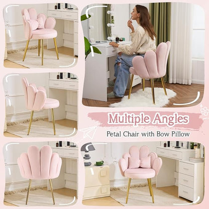 VINGLI Petal Makeup Vanity Chair with Back,Flower Cute Girls Desk Chair Comfy No Wheels,Modern Dining Chair,Small Accent Chair with Adustable Gold Legs&Bow Pillow for Home Office,Bedroom,Velvet,Pink