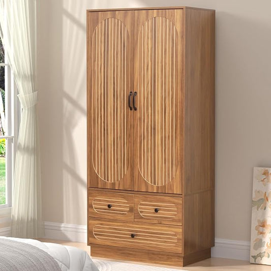 Jluomei Armoire Wardrobe Closet with Doors, Wardrobe Cabinet with 3 Drawers, Wooden Large Clothing Storage Cabinet with Hanging Rod and Shelf, Mid-Century Modern Tall Closet for Bedroom, Walnut