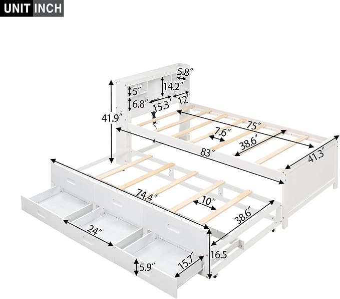Merax Twin Size Platform Bed with Storage Headboard, USB, Wood Bedframe with Twin Size Trundle and 3 Drawers, White