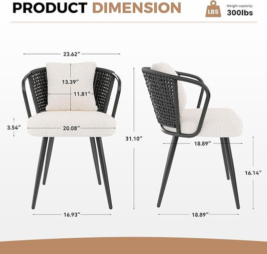 Rattan Dining Chairs Set of 2, Upholstered Kitchen Chair with Metal Legs, Ergonomic Curved Backrest, Mid Century Modern Living Room Chairs with Throw Pillow, Black