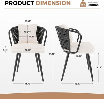 Rattan Dining Chairs Set of 2, Upholstered Kitchen Chair with Metal Legs, Ergonomic Curved Backrest, Mid Century Modern Living Room Chairs with Throw Pillow, Black