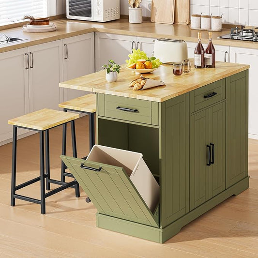ONBRILL Stationary Kitchen Islands Include 2 Chairs, 47" Kitchen Island with Drop Leaf, Home Bar Table with Spice Rack & with Trash Cabinet, Island Table for Dining Room with Power Outlet, Green