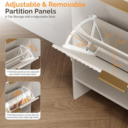 VINGLI White Slim Shoe Cabinet with Curved Edges, Modern Hidden Shoe Storage Organizer with 2 Flip Drawers & Open Shelf, Narrow White Shoe Cupboard with Fluted Panel & Anti-Tip Kit, 32.7" W