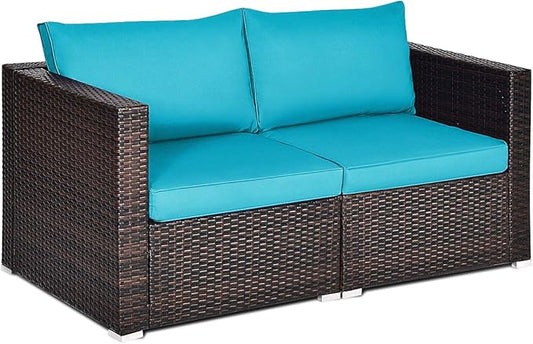 Tangkula 2 Seat Outdoor Wicker Loveseat Sofa Set, Modular PE Rattan 2 Pieces Outdoor Wicker Corner Sofa, Outside Furniture Set for Deck, Backyard, Porch, Garden & Poolside, Turquoise