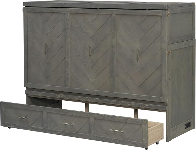 Bellemave Queen Size Murphy Bed with Charging Station and Storage, Farmhouse Murphy Bed with Foldable Panel for Guest Bedroom, Living Room, Office, Grey