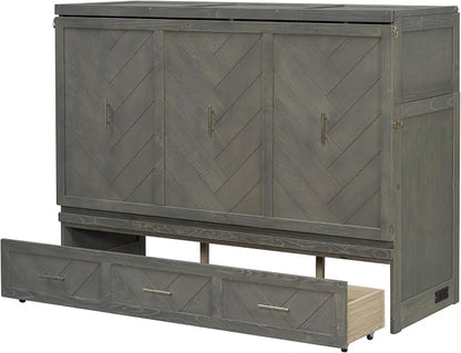 Bellemave Queen Size Murphy Bed with Charging Station and Storage, Farmhouse Murphy Bed with Foldable Panel for Guest Bedroom, Living Room, Office, Grey