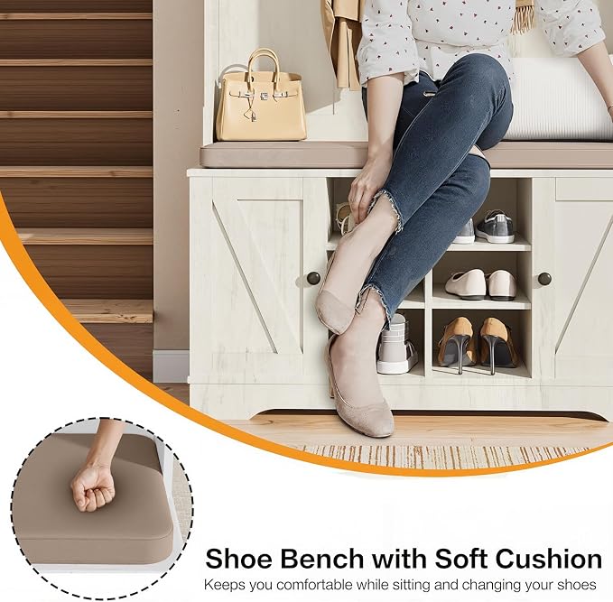 71" Hall Tree with Bench and Shoe Storage, Entryway Hall Tree with 2 Doors and 6 Adjustable Shelves, Cushioned Storage Bench with Coat Rack for Hallway, Living Room, Mudroom