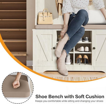 71" Hall Tree with Bench and Shoe Storage, Entryway Hall Tree with 2 Doors and 6 Adjustable Shelves, Cushioned Storage Bench with Coat Rack for Hallway, Living Room, Mudroom