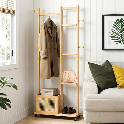 Wood Clothes Rack with Storage, 4 Shelves, 4 Hooks, Garment Rack with wheels, Coat Rack Freestanding, Clothing Rack Heavy Duty Hall Tree for Living Room Hallway,856 Natural