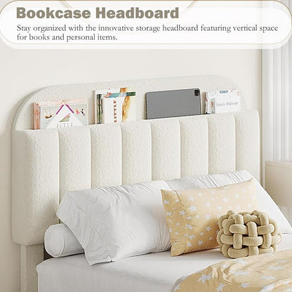 IDEALHOUSE Twin Bed Frame for Kids, Boucle Upholstered Platform Bed for Boys/Girls with 2 Flexible Drawers, Bookcase Headboard, Noise-Free, Easy Assembly, No Box Spring Needed, Beige