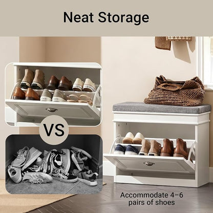 Haotian Shoe Storage Bench, Small Shoe Cabinet for Entryway, Narrow Shoe Rack with 1 Flip-Drawer and Seat Cushion, White, FSR82-K-W
