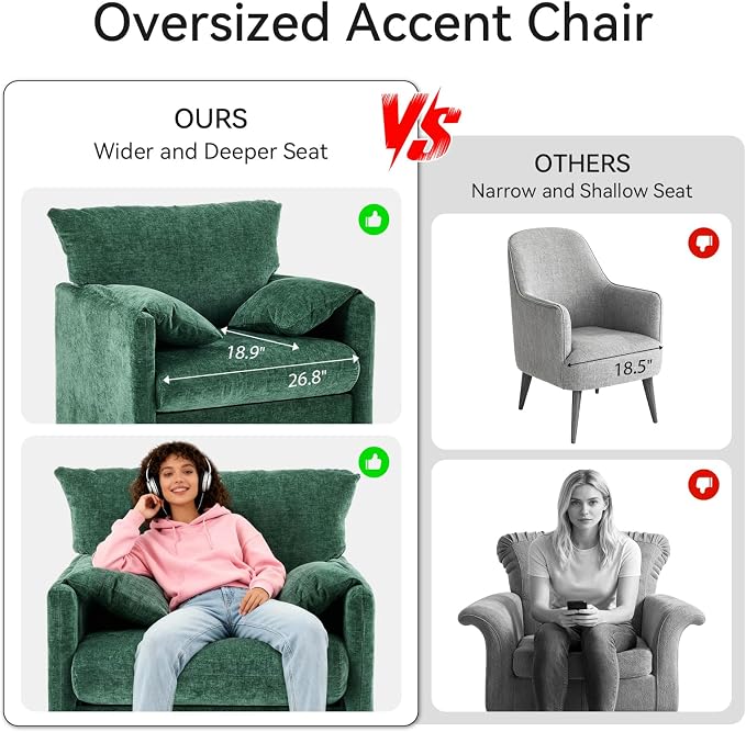 Chenille Oversized Armchair Set of 2, 34" Wide Accent Chair for Living Room Bedroom Modern Upholstered Lounge Chair Mid-Century Reading Chair Comfy Single Sofa Chair, Green