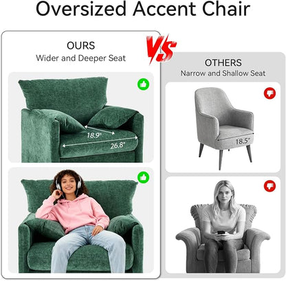 Chenille Oversized Armchair Set of 2, 34" Wide Accent Chair for Living Room Bedroom Modern Upholstered Lounge Chair Mid-Century Reading Chair Comfy Single Sofa Chair, Green