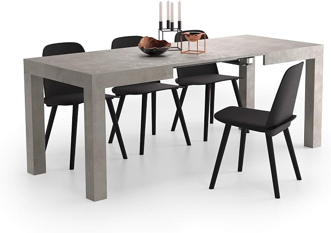 Mobili Fiver, First Extendable Table, 47.2(78.7) x31.5 in, Concrete Effect, Grey, for 6-8 People, Expandable Dining Table for Kitchen, Living Room, Italian Furniture