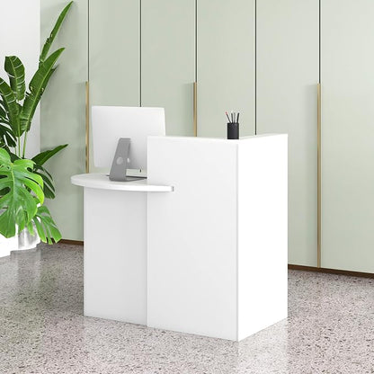 Reception Desk, Retail Checkout Counter w/Lockable Drawer & Open Shelves, Computer Workstation, Small Front Desk Reception Counter for Company Lobby Store Salon Office (White)
