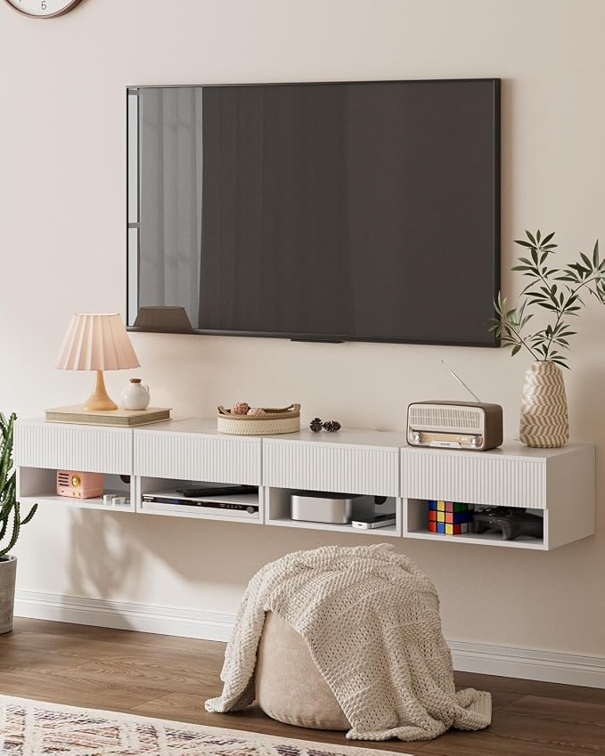 Modern Small Nightstand with Drawer, Floating Shelves for Bedroom, Bathroom (White Stripe)