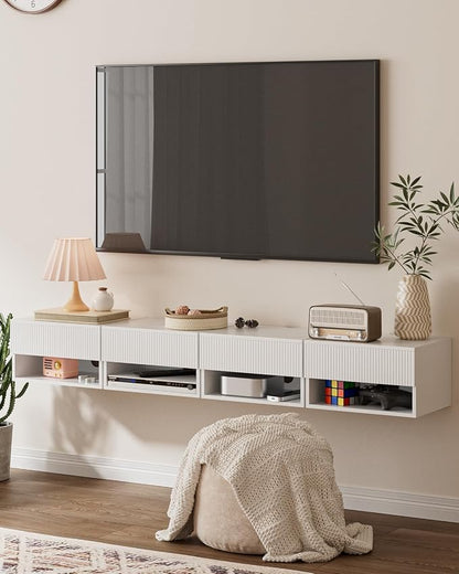 Modern Small Nightstand with Drawer, Floating Shelves for Bedroom, Bathroom (White Stripe)