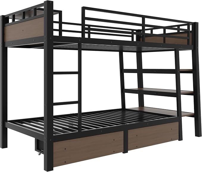 Bellemave Bunk Bed Twin Over Twin，Metal Bunk beds with Storage Shelves, LED Light Strip, and USB Power Strip, Upper Bed with Desk, Black