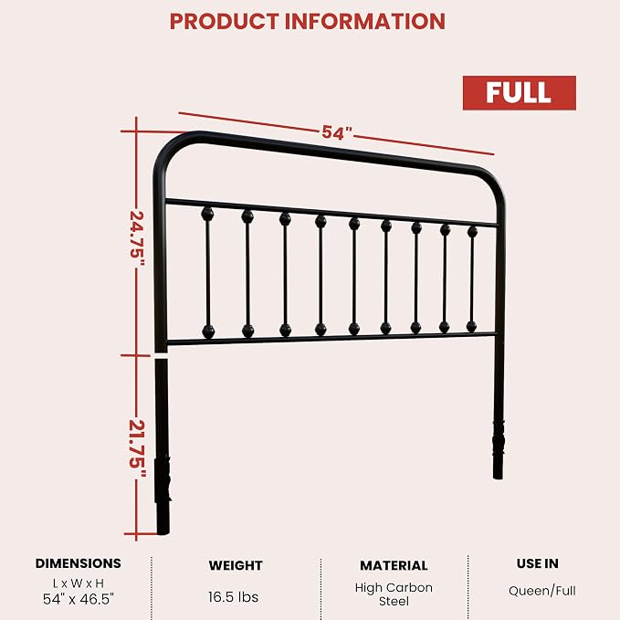 Vintage Metal Headboards, Adjustable Height Iron Frame, Farmhouse Rustic Style, Elegant and Durable Design, Easy Assembly, Universal Fit for Kids & Adults, Full Size, Black Finish