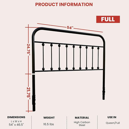 Vintage Metal Headboards, Adjustable Height Iron Frame, Farmhouse Rustic Style, Elegant and Durable Design, Easy Assembly, Universal Fit for Kids & Adults, Full Size, Black Finish