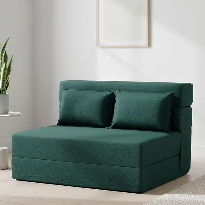 FILUXE Folding Sofa Bed | Convertible Sleeper Chair Bed for Adults, Fold Out Chair to Bed Linen Futon Chair with Pillow, for Home Dorm Apartment RV Living Room, Standard Size,Dark Green