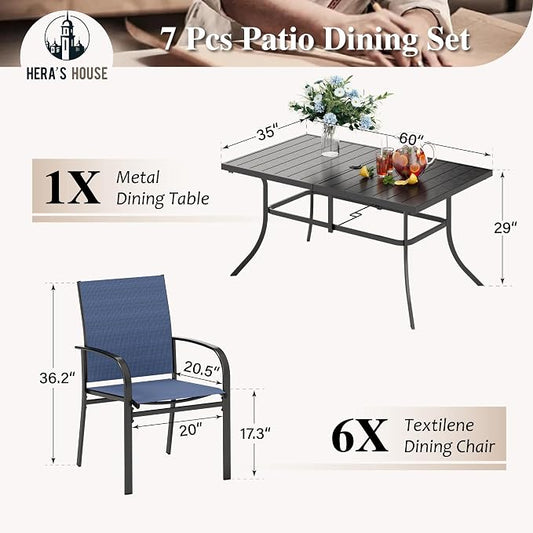 HERA'S HOUSE Outdoor Dining Set, Rectangle Metal Table with Double Umbrella Hole and 6 Armrest Chairs, Patio Table and Chairs for Backyard Garden Porch Deck (Blue)