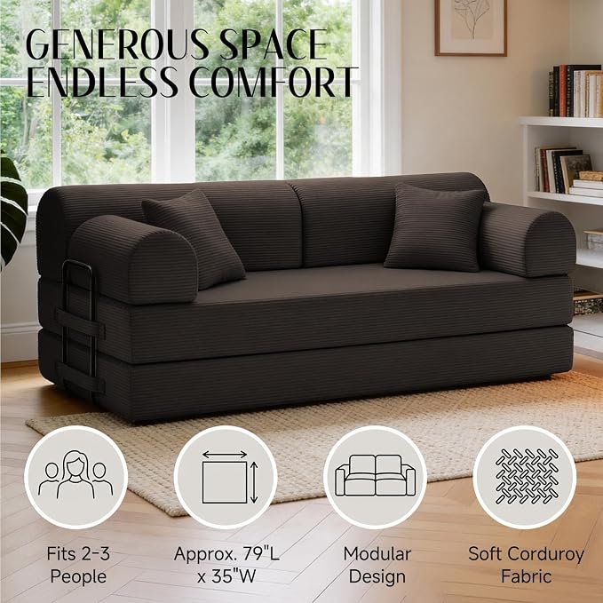 79'' Convertible Sofa Bed, 6 in 1 Folding Floor Futon Couch Sleeper with Fixed Frame, Corduroy Modular Sofa Bed with Removable Armrests & Pillows, No Assembly for Living Room Bedroom (Brown)