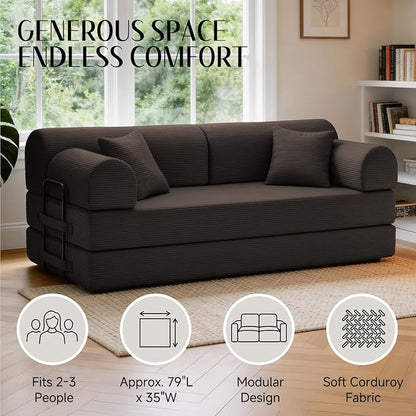 79'' Convertible Sofa Bed, 6 in 1 Folding Floor Futon Couch Sleeper with Fixed Frame, Corduroy Modular Sofa Bed with Removable Armrests & Pillows, No Assembly for Living Room Bedroom (Brown)