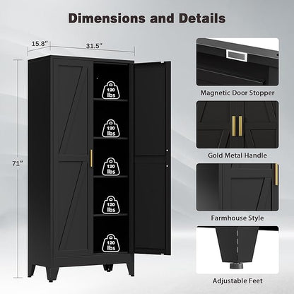 71" Tall Metal Pantry Cabinet, Kitchen Storage Cabinet with 2 Doors and 4 Adjustable Shelves for Kitchen, Living Room, Dining Room, Bathroom and Home, Office (Black, 1PC)
