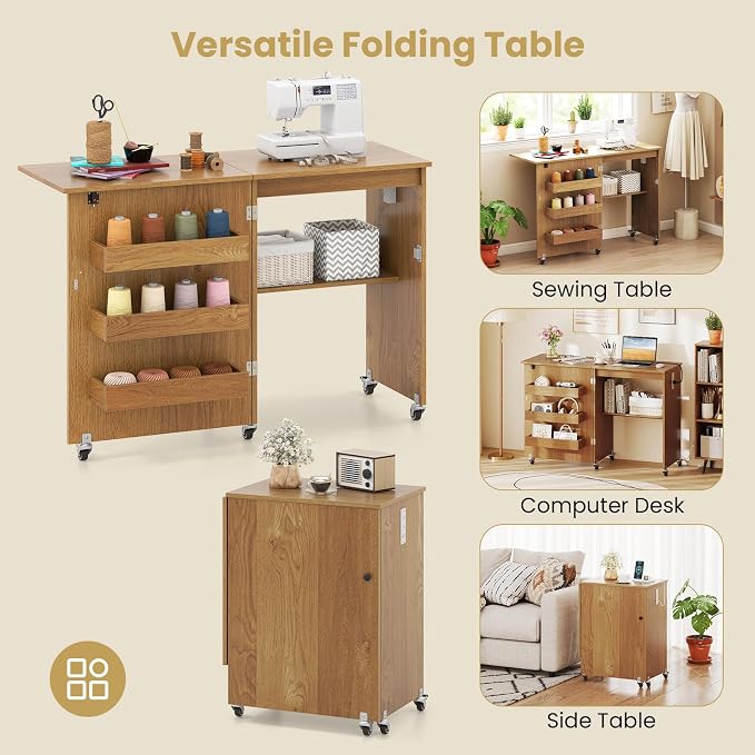 Giantex Folding Sewing Table with Charging Station, Rolling Craft Table with Storage Trays & Shelf, Foldable Sewing Machine Cabinet Desk with Lockable Wheels for Small Spaces (Natural)