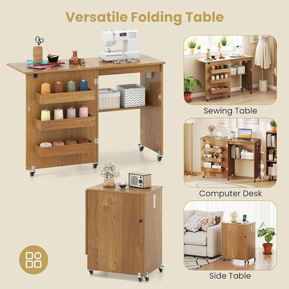 Giantex Folding Sewing Table with Charging Station, Rolling Craft Table with Storage Trays & Shelf, Foldable Sewing Machine Cabinet Desk with Lockable Wheels for Small Spaces (Natural)