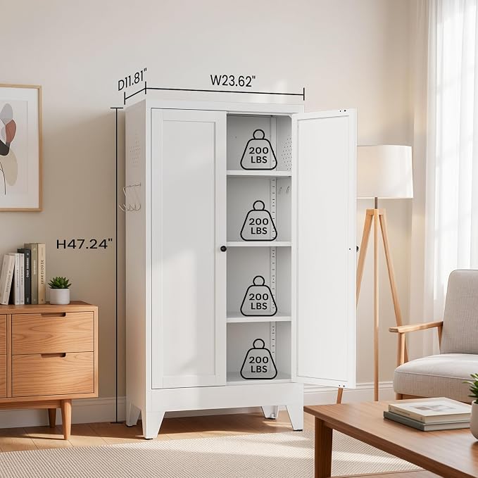 Metal Pantry Cabinet, 47" Kitchen Pantry Cabinet with 2 Doors and 3 Adjustable Shelves, White Steel Storage Cupboard for Dining, Office, Living Room, Bathroom