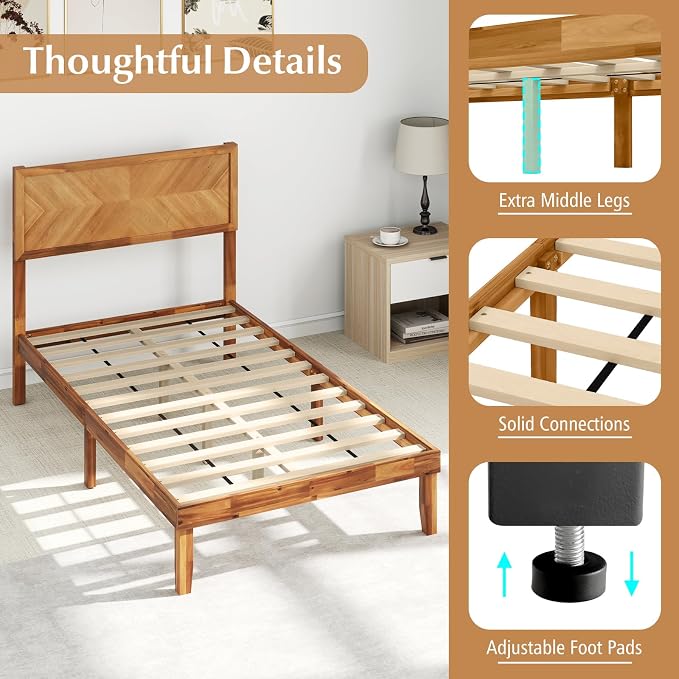KOMFOTT Twin Size Wood Bed Frame with Headboard, Solid Acacia Wood Platform Bed Frame, Wooden Slats Supported Bed Base with Under-Bed Storage Space, No Box Spring Needed Mattress Foundation