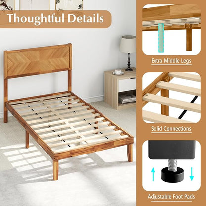KOMFOTT Twin Size Wood Bed Frame with Headboard, Solid Acacia Wood Platform Bed Frame, Wooden Slats Supported Bed Base with Under-Bed Storage Space, No Box Spring Needed Mattress Foundation