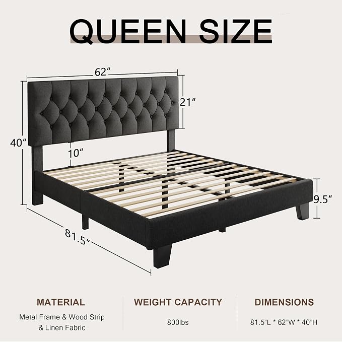 Einhomn Queen Upholstered Bed Frame with Headboard, Button Tufted Linen Bed Base, Platform Bed with Wood Slat, Heavy Duty, Easy Assembly, No Box Spring Needed, Dark Grey