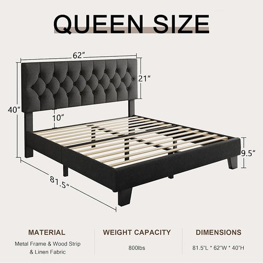 Einhomn Queen Upholstered Bed Frame with Headboard, Button Tufted Linen Bed Base, Platform Bed with Wood Slat, Heavy Duty, Easy Assembly, No Box Spring Needed, Dark Grey