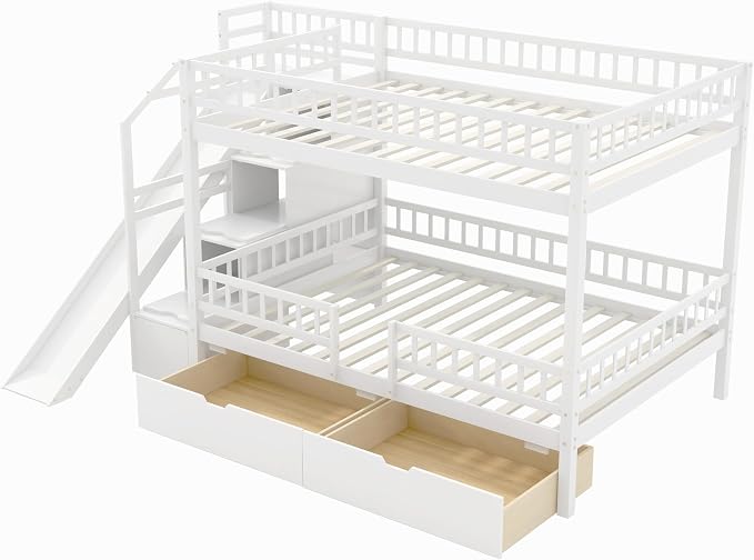 Full Over Full Bunk Bed with Slide and Staircase