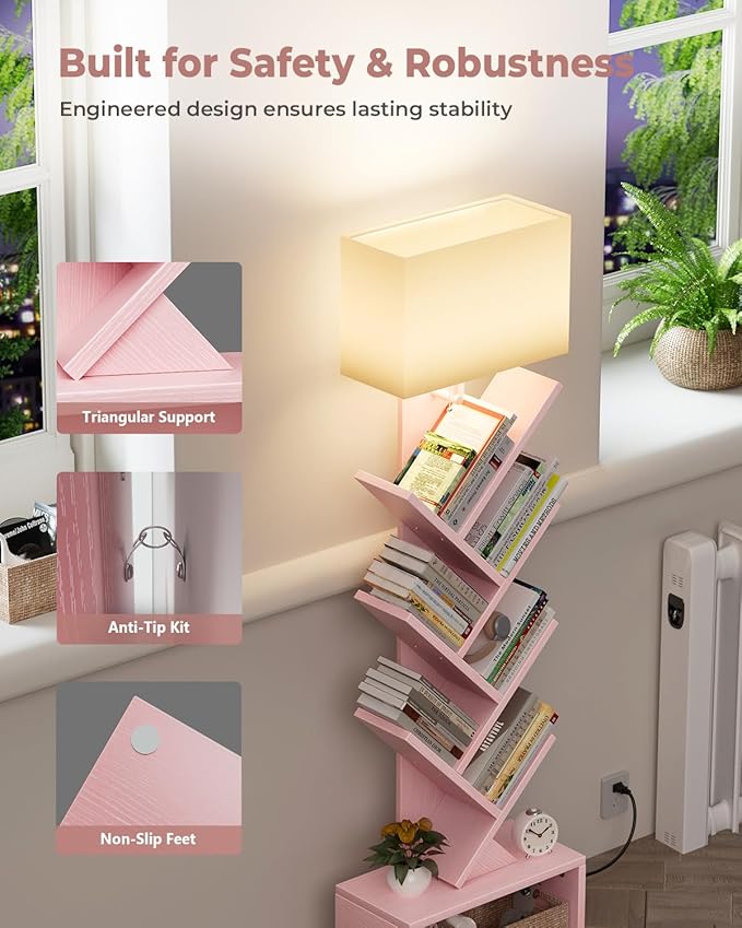 Evermagin 6 Tier Tree Bookshelf with Light, Narrow Bookcase Tower, Tall Floor Standing Book Shelf Organizer with Storage Cabinet for Living Room, Bedroom and Home Office, Pink