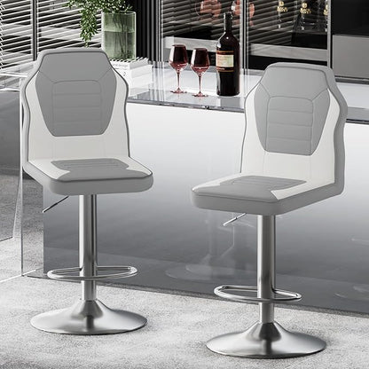 Racing Style Bar Stools Set of 2, Adjustable Counter Height Chairs with Faux Leather, 360° Swivel Bar Stools with Backs, Racing Seat Bar Stool Chairs, Gray/White