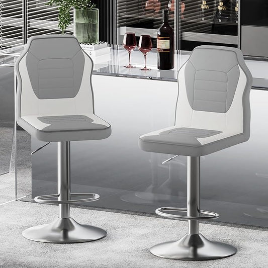 Racing Style Bar Stools Set of 2, Adjustable Counter Height Chairs with Faux Leather, 360° Swivel Bar Stools with Backs, Racing Seat Bar Stool Chairs, Gray/White