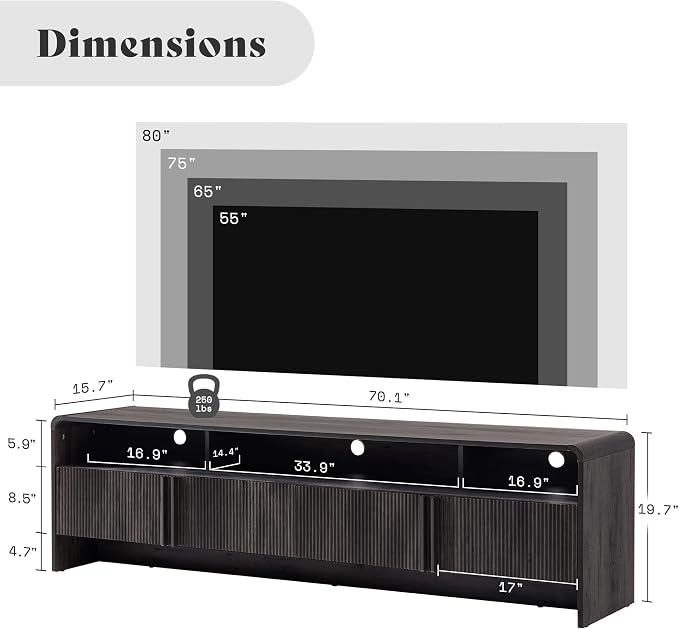 AMERLIFE 70" Modern TV Stand for TVs up to 80", Fluted Wood Entertainment Center with Storage Cabinets, Media Console Table for Living Room, Black