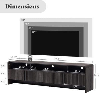 AMERLIFE 70" Modern TV Stand for TVs up to 80", Fluted Wood Entertainment Center with Storage Cabinets, Media Console Table for Living Room, Black
