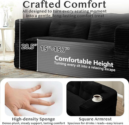 80'' Futon Sofa Bed, King Size Foldable Sleeper Sofa, Corduroy Boneless Loveseat Couch with Chaise Lounge, 3 Pillows, Blanket, Upholstered Sectional Couches for Living Room, Bedroom, Black