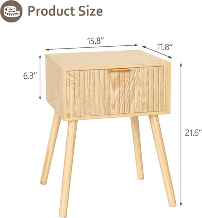 AWASEN Fluted Nightstand, Small End Tables Living Room, Wood Bedside Side Table with Storage Drawer for Bedroom and Small Space, Natural