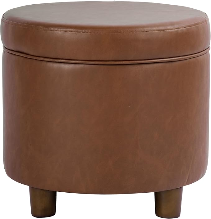 HomePop 19" Round Storage Ottoman - Chestnut Brown Faux Leather